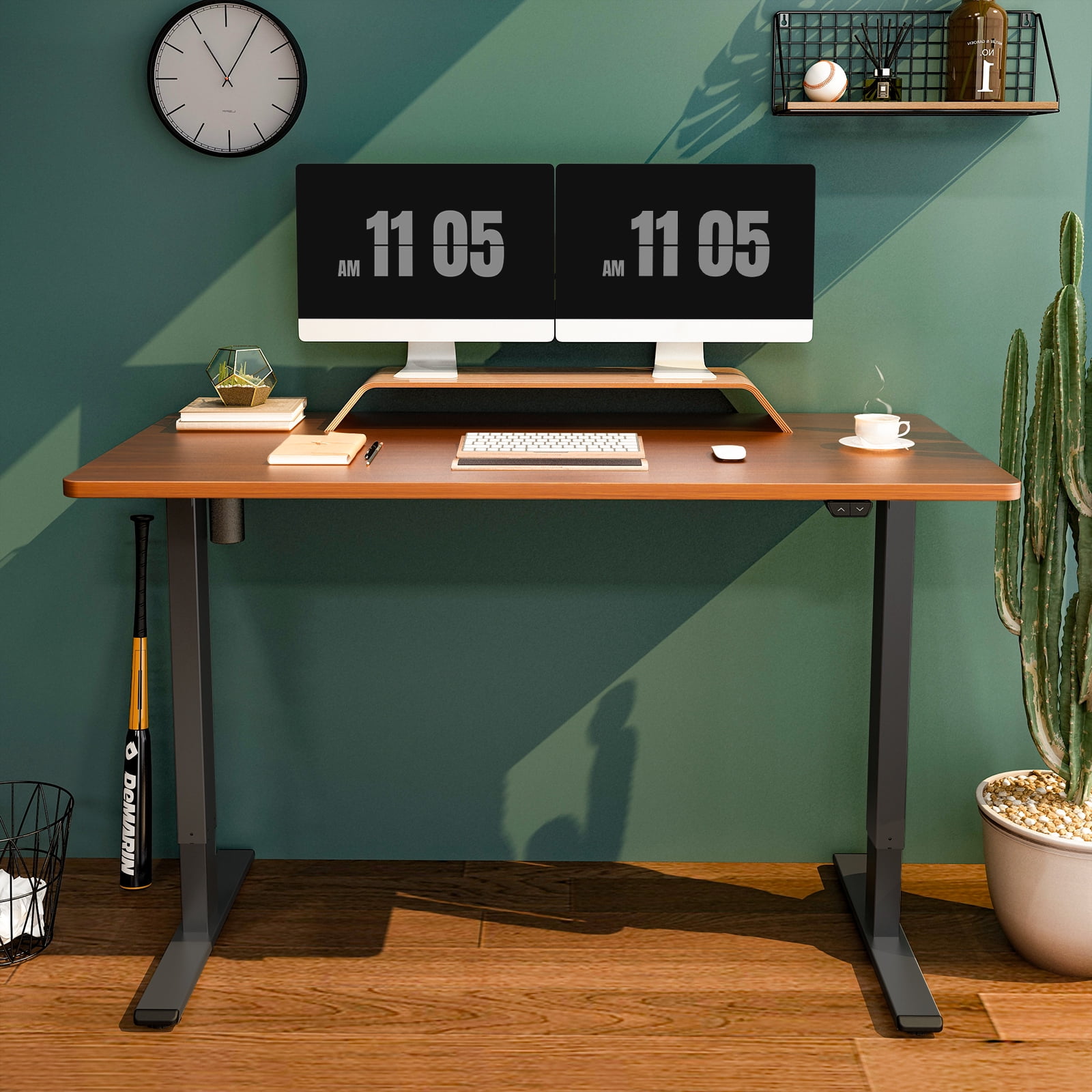 Silver Frame + 55 Mahogany Top Flexispot 55 x 28 Inches Electric Stand Up Desk Workstation Whole-Piece Desk Board Home Office Computer Standing Table Height Adjustable Desk 