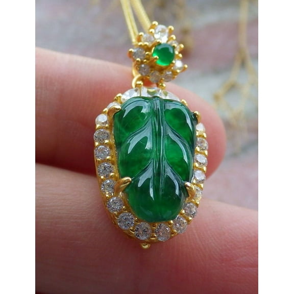 Icy Green Silver 925 Certified BURMA Natural A JADE Jadeite pendant Leaf Necklace 670110 TN