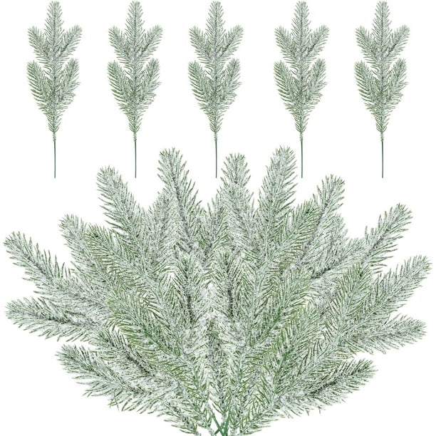 Zhuge 30 ramas de pino escarchadas con nieve navideña, púas para árboles de Navidad nevados, ramitas de pino falsas, tallos de acebo para manualidades de bricolaje (9,6 pulgadas)