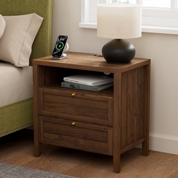EYYTHUNG Modern Nightstands with 2 Drawers Wooden End Table with Charging Station Farmhouse Night Stand Bedside Side Table with Storage Open Shelf, Brown