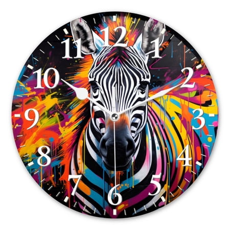 Decorative Round Wall Clocks Non-Ticking Silent Battery Operated Clocks with Photo for Bedroom,Living Room-Street Art Graffiti Of Zebra With Vibrant Pop Colors(10inch)