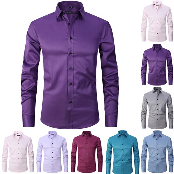 fheaev Dress Shirts For Men Long Sleeve Turn-Down Collar Button Up Shirts Solid Color Slim Fit Casual Regular Business Formal Dress Shirt