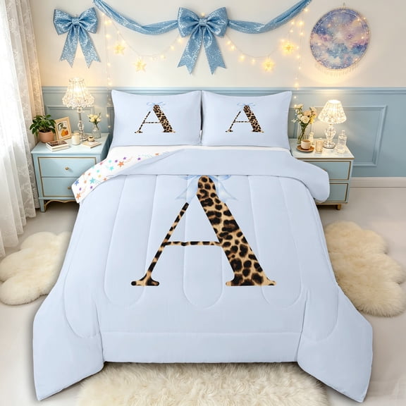 Manfei Leopard Print Personalized Initial A Full Size Comforter Sets 3 Pieces for Girls,Kawaii Blue Bow Bedding Sets for Kids Teens,Lightweight Room Decor