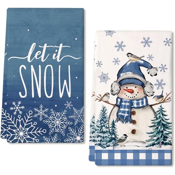 Set of 2 Snowman Winter Kitchen Towels Blue Christmas Tree Bird Snowflake Let It Snow Dish Hand Towels Holiday Home Indoor Bathroom Party Seasonal Decorations