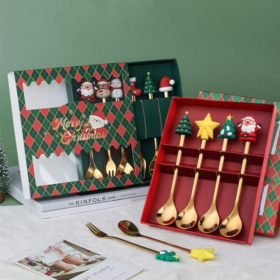 Christmas Spoon Stainless Steel Christmas Tree Tea Spoon for Home,Xmas Coffee Spoon Dinner Forks Dessert Spoon Stirring Spoon Ice Cream Spoon Creative Tableware Gift,Christmas Spoon 4-piece Gift Box
