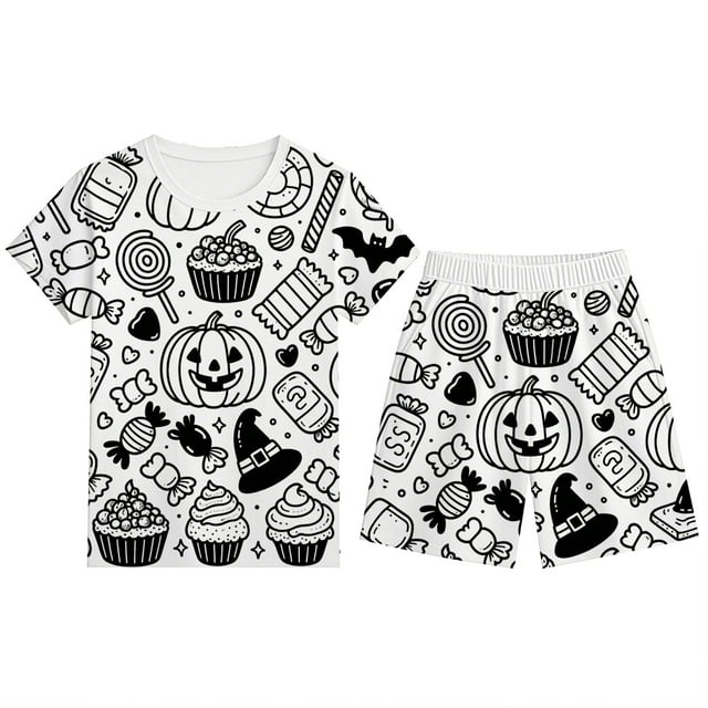 TBWNWG Ensemble de Pyjama Garçon Imprimé d'Halloween Manches Courtes Col Rond Short Tenue Confortable Taille Élastique Tenue Décontractée de Détente pour Enfants 2-12 Ans, Taille 3-4 Ans