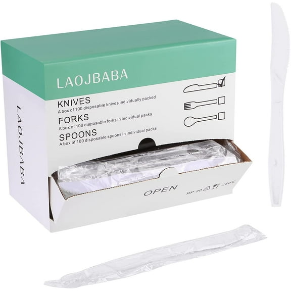 Plastic Knives Disposable Individually Packaged Knive White 7Inch Commercial Take Away Knives Heavy Individually Wrapped Knives 100 PCS