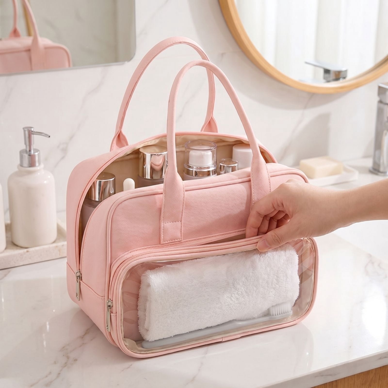 Toiletry Bag with Clear Window,Lightweight Travel Makeup Organizer with Handle