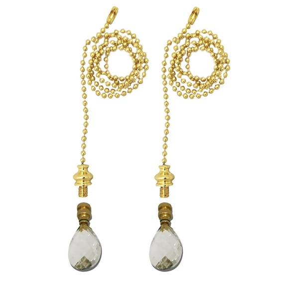 Royal Designs Fan Pull Chain with Small Swiss Cut Diamond Crystal Finial, Polished Brass, Set of 2
