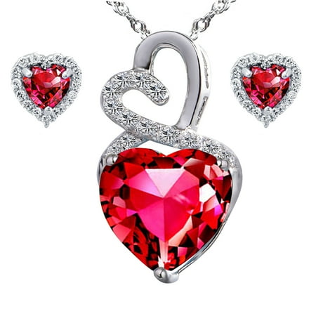 925 Silver Set Jewelry Infinity 4.0 Carat TCW Heart Cut Gemstone Created Ruby 925 Sterling Silver Necklace Pendant and Earrings 3 Pieces Jewelry Set ()