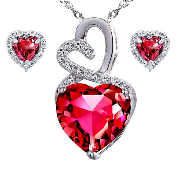 Infinity 4.0 Carat TCW Heart Cut Gemstone Created Ruby 925 Sterling Silver Necklace Pendant and Earrings 3 Pieces Jewelry Set