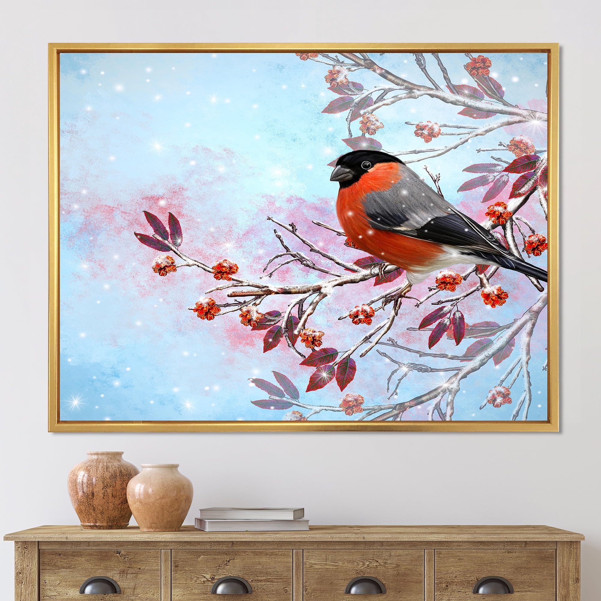 Designart 'A Bright Bullfinch Bird Sitting On A Branch' Traditional Framed Canvas Wall Art Print