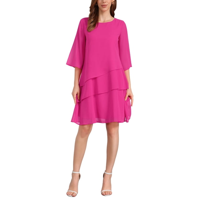 Vestido de gasa con volantes para mujer Inspire Chic, de corte A, con mangas 3/4, largo hasta la rodilla, color rosa intenso, talla L