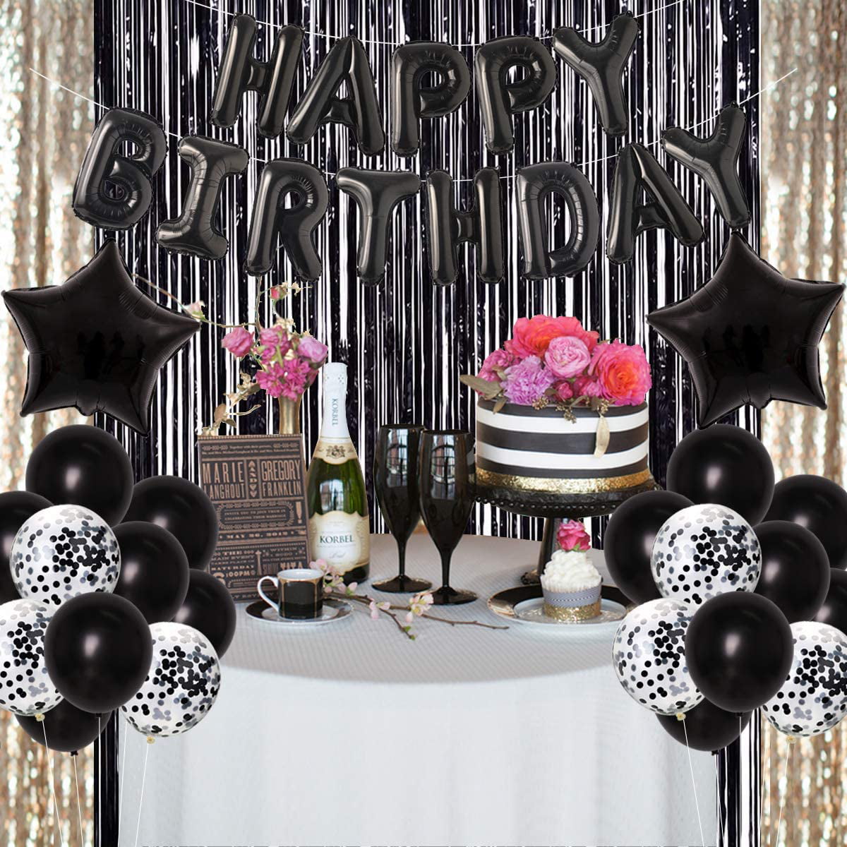 ANSOMO Black and White Happy Birthday Party Decorations, 30 Pcs Balloons Banner Foil Fringe Curtains, for Men Women