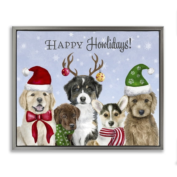 Stupell Industries - Happy Howlidays Seasonal Puppies Gray Floating Frame Canvas Art, 31 x 25, Made In USA