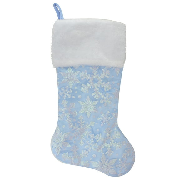 22" LED Lighted Blue Iridescent Glittered Snowflake Christmas Stocking