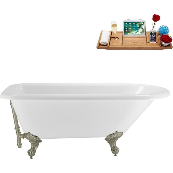 62" Streamline N4840BNK-BNK Soaking Clawfoot Tub and Tray With External Drain in Brushed Nickel and Brushed Nickel Clawfeet