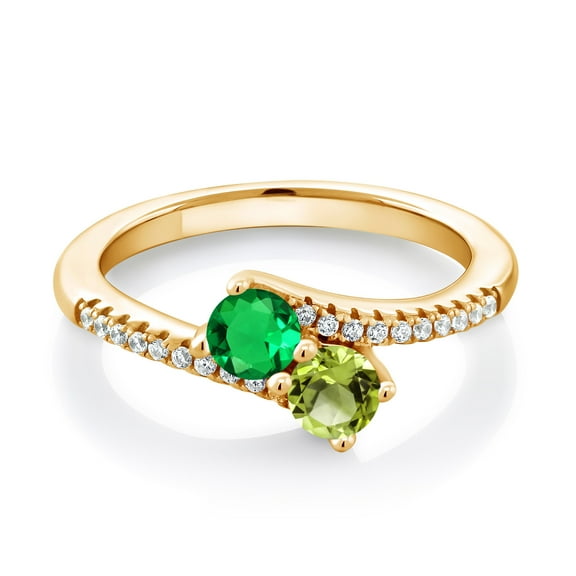 Gem Stone King 18K Yellow Gold Plated Silver Green Nano Emerald and Green Peridot Bypass Ring for Women (0.84 Cttw, Gemstone May Birthstone, Round 4MM, Size 5)