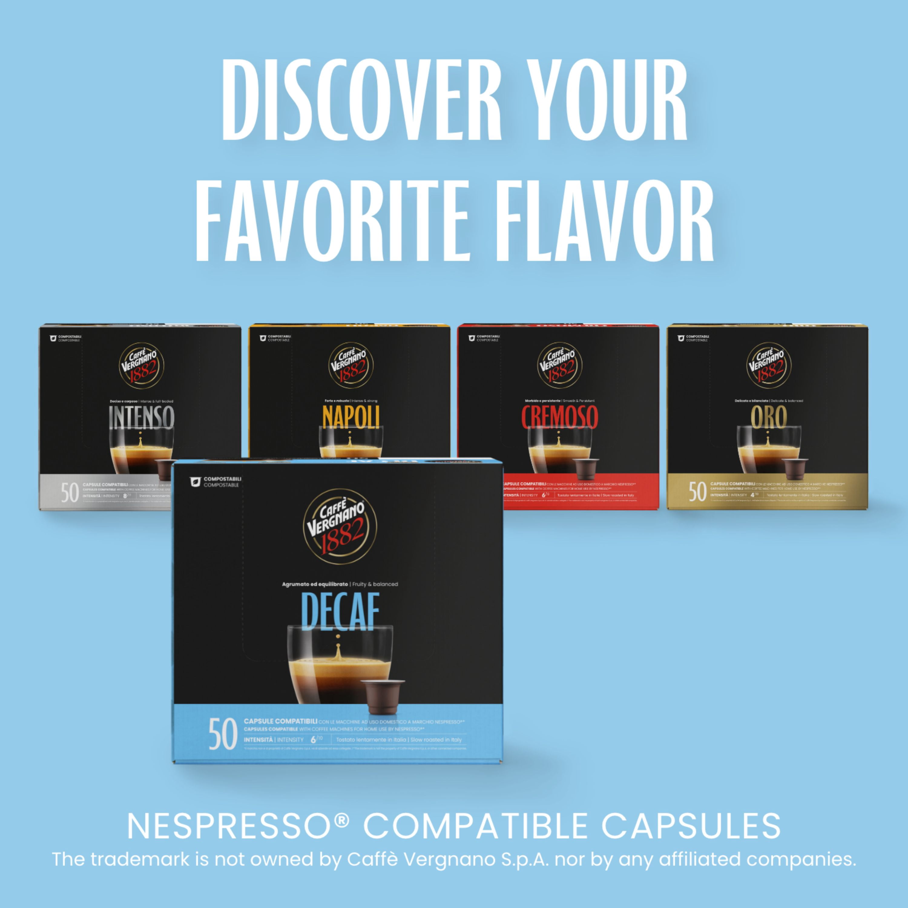 Caffe' Vergnano 1882 Decaf Medium Roast Espresso Original Line Machine Compatible Capsules, Arabica Robusta Espresso Coffee, Italian Coffee for Nespresso Machines, Intensity 5/10, Decaffeinato, 50 Ct