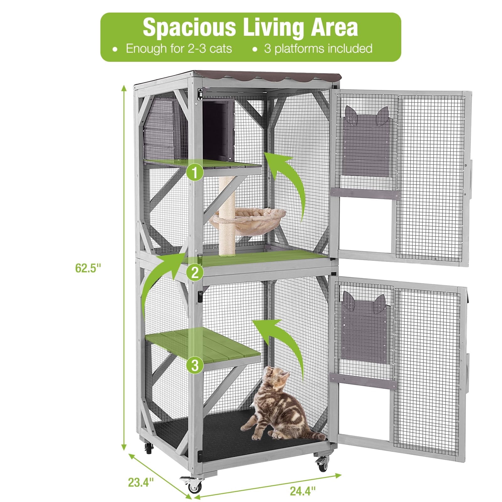 MEDEHOO Catio Outdoor Cat Enclosure on Wheels, Outdoor Cat House with Resting Box, PVC Layer, Waterproof Roof, 62.5"
