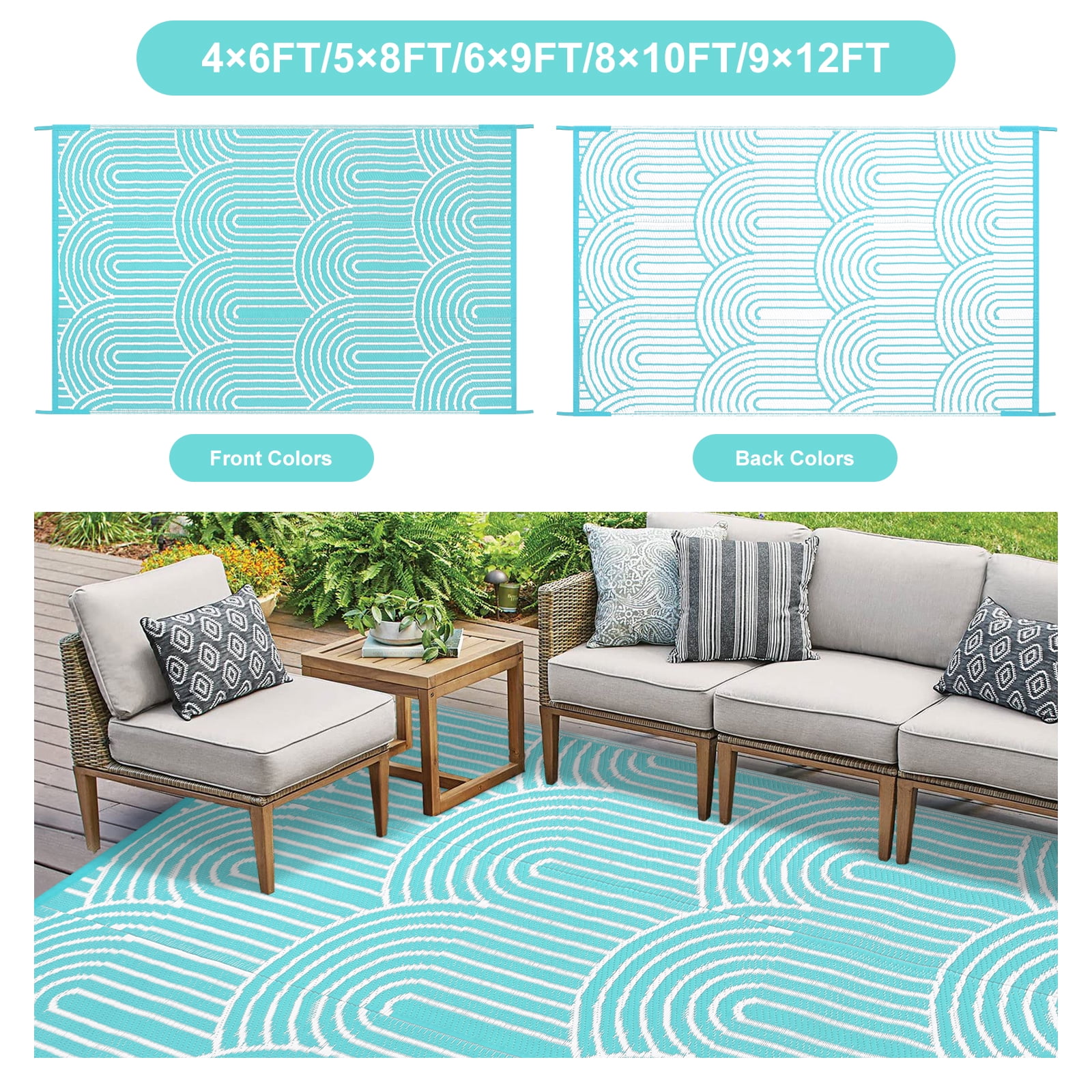 Wonnitar 4'x6' Extra Large Outdoor Rug Patio Waterproof,Reversible Camping Rugs Plastic Straw Rv Rugs for Outside Under Awning,Portable Lightweight 4x6ft Carpet for Backyard,Blue