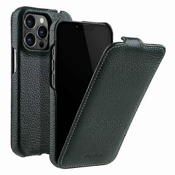 MELKCO For iPhone 14 Pro Litchi Texture Phone Case Genuine Cow Leather PC Vertical Flip Cover