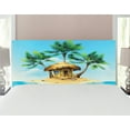 thumbnail image 1 of Tropical Headboard, Tropical Wooden Bungalow 3 Palm Trees in a Small Island Cartoon Art, Upholstered Decorative Metal Bed Headboard with Memory Foam, Full Size, Aqua Green Beige, by Ambesonne, 1 of 4