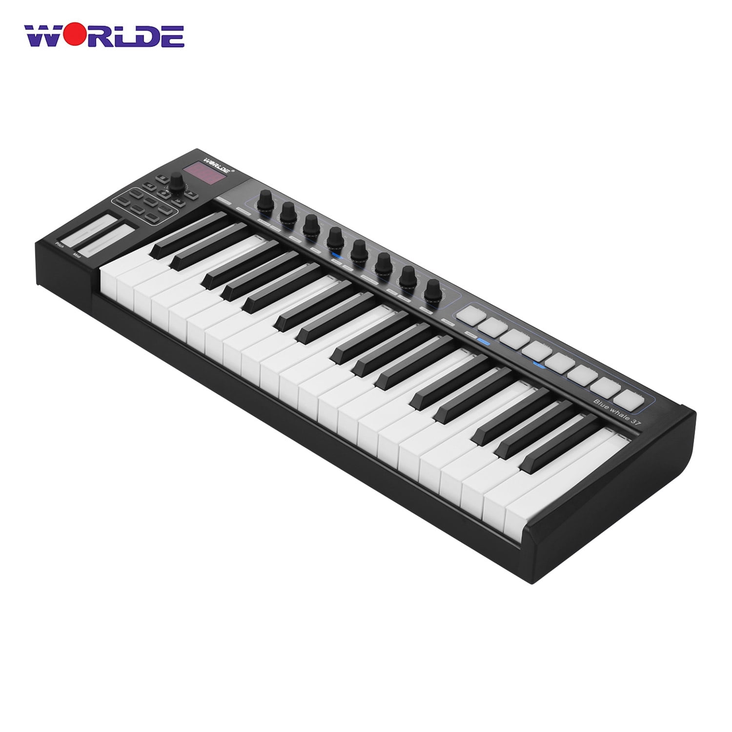 WORLDE Blue whale 37 Portable USB MIDI Controller Keyboard 37 Semi weighted Keys 8 RGB Backlit Trigger Pads LED Display with USB Cable