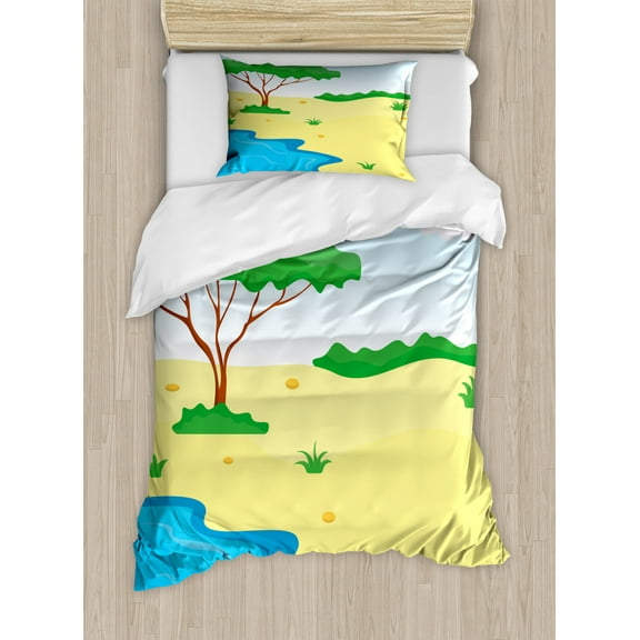 Beach Duvet Cover Set Twin Size, Cartoon Style Interpretation of a Little Pond and Green Plantation Botanical Items, Decorative 2 Piece Bedding Set with 1 Pillow Sham, Multicolor, by Ambesonne