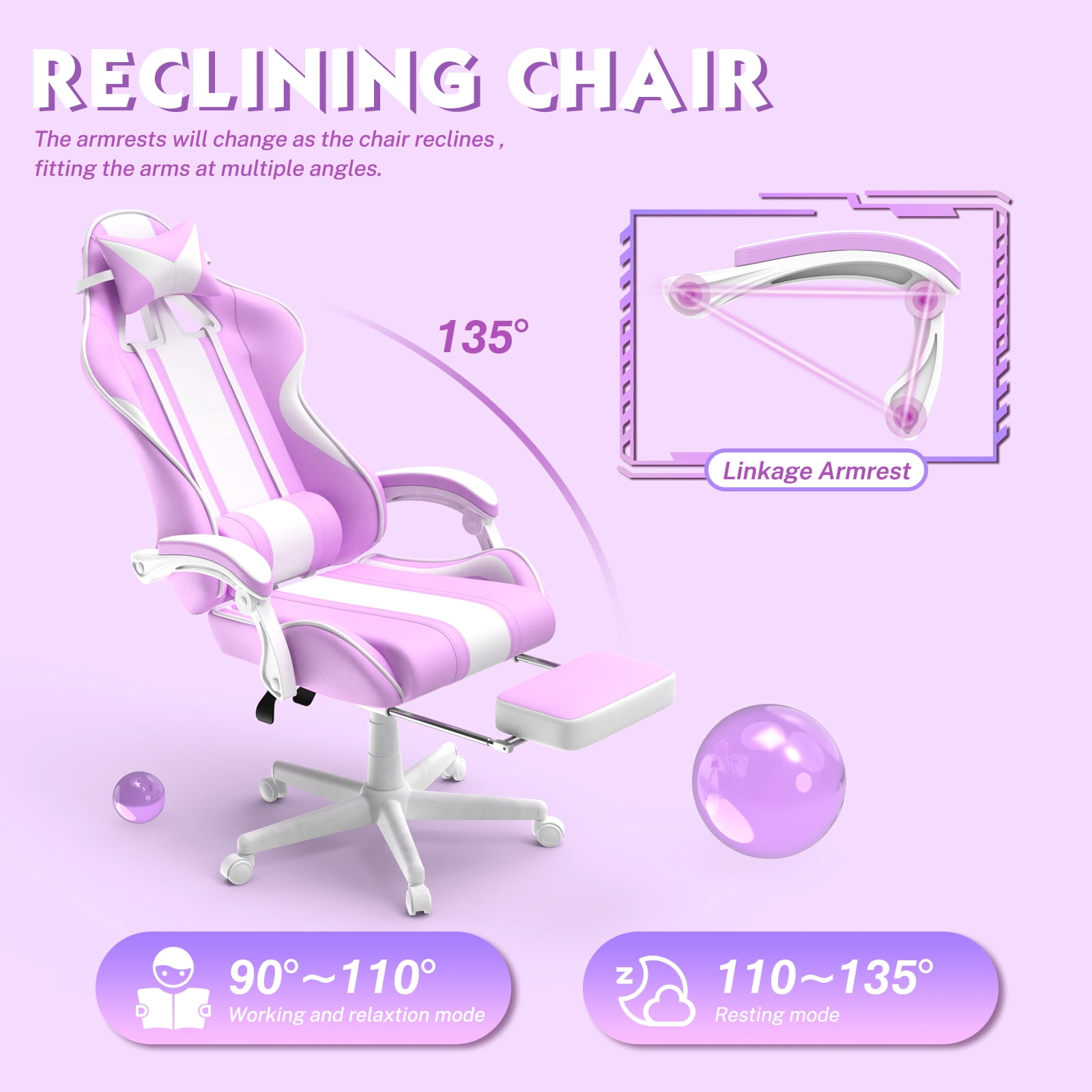 SOONTRANS Purple Gaming Chair, High Back Gamer Chair with Footrest for Adult Girl, Reclining Adjustable Game Office Chairs Massage Pillows