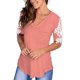 thumbnail image 2 of Blusa de manga corta con costuras de encaje, cuello en V, camisa clásica de color puro, verano para mujer, rosa, S, 2 of 6