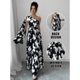 thumbnail image 3 of Black And White Floral One-Shoulder Pleated Maxi Dress With Puff Sleeve, 3 of 8