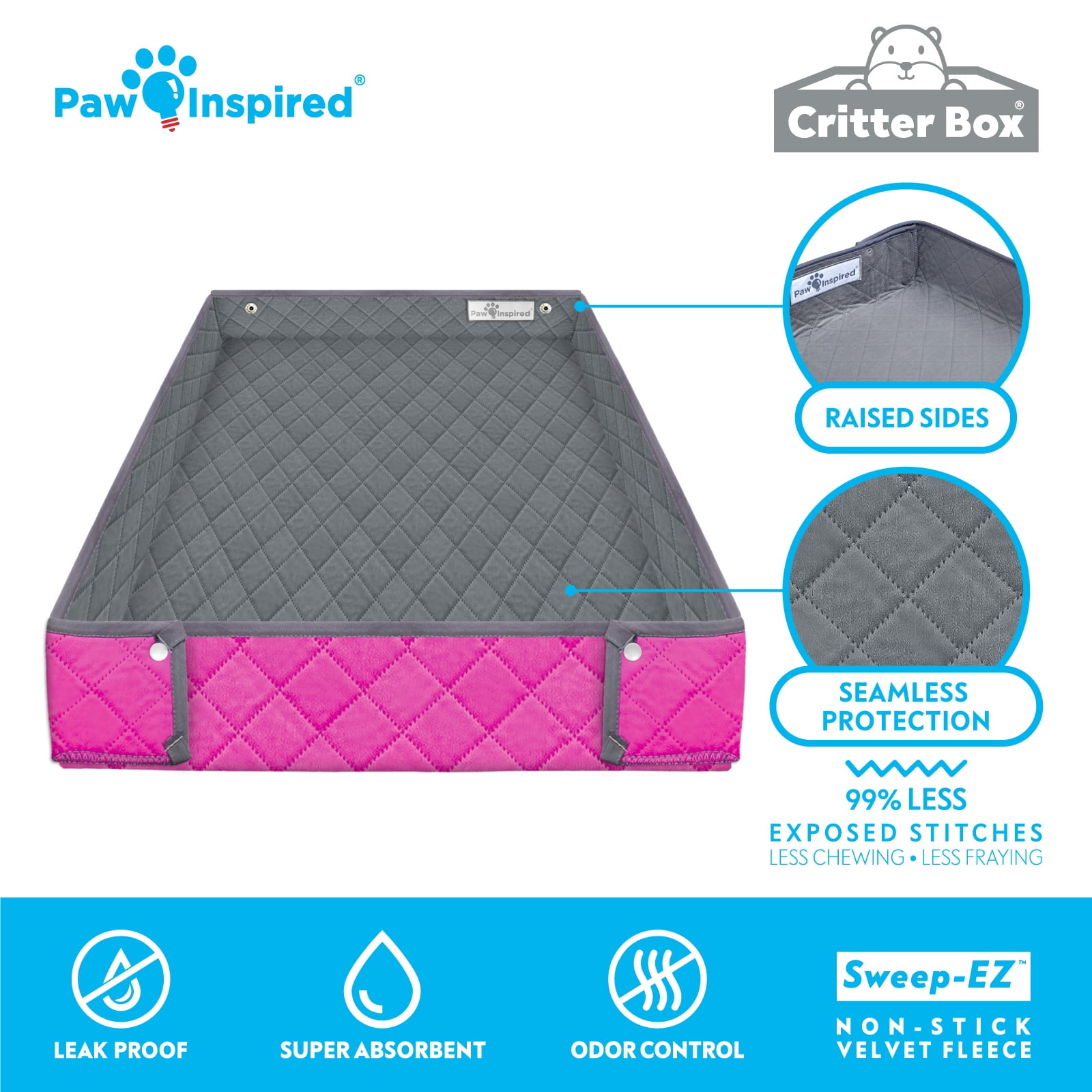 Paw Inspired Critter Box Guinea Pig Cage Liner, Washable Reversible Fleece Bedding with Raised Walls, Leakproof Waterproof Bottom (Midwest, Gray/Pink)