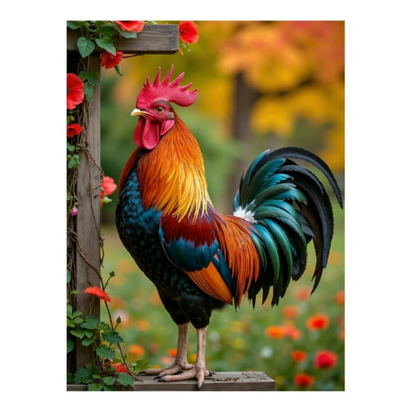 Diamond Art Kit for Adults, Colorful Rooster In Autumn Garden Diamond Painting for Adults Beginners, DIY Diamond Art Painting Kits, 5D Diamond Painting Crafts for Home Decor 12x16 Frameless