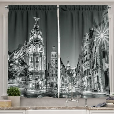 Ambesonne Black and White Kitchen Curtains, Madrid at Night, 55"x39", Black White Grey