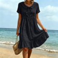 thumbnail image 6 of Ayolanni Dresses for Women 2026 Solid V Neck Short Sleeve A-Line Midi Dress Beach Travel Cotton Linen Flowy Dress Black L, 6 of 8