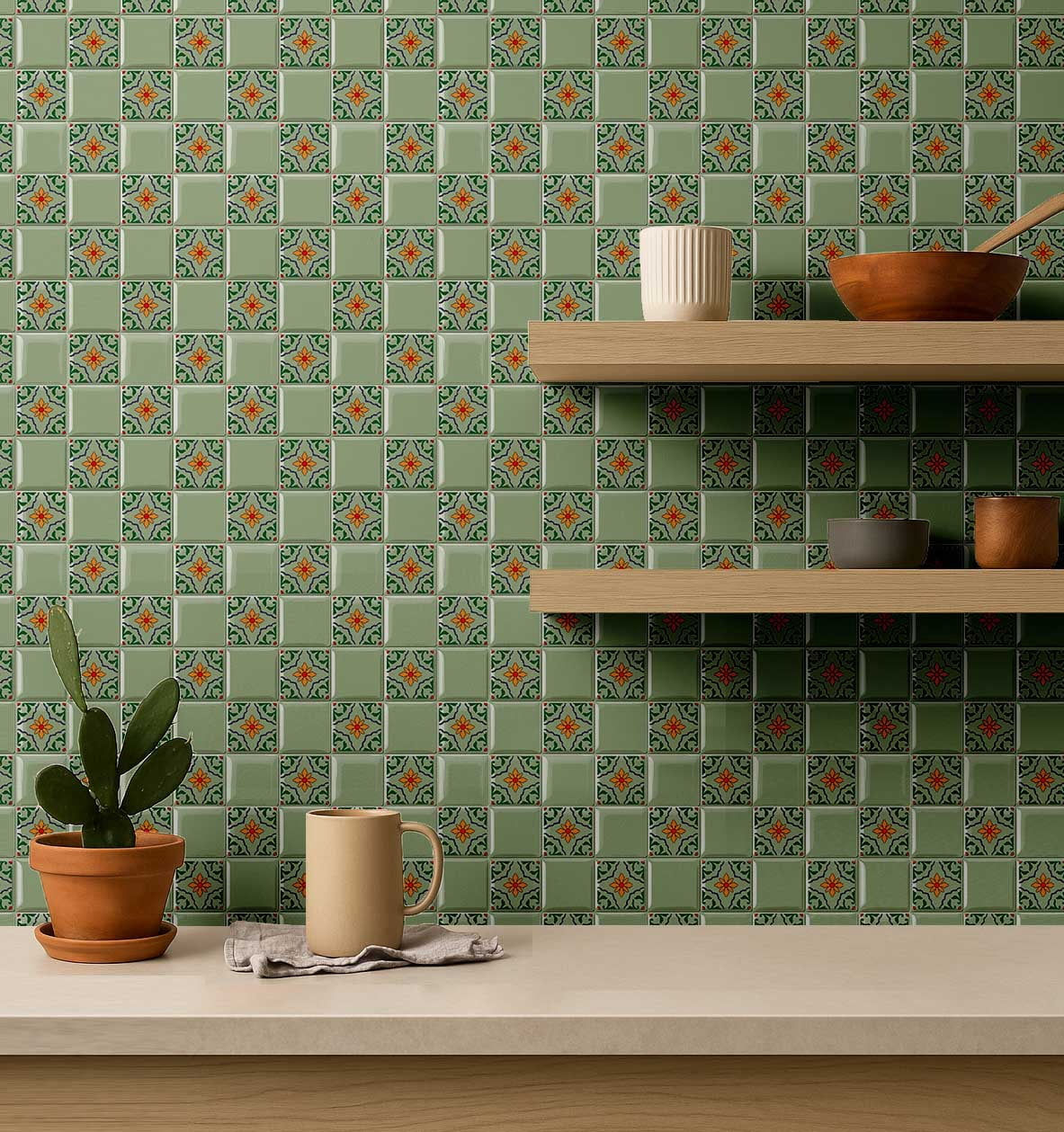S4Sassy Mosaic Tile Wallpaper - Green Wall Covering, 25" X 120" Self-Adhesive Plain Vinyl Wall Paper, Walls Wrap, Botanical Removable Wallpaper For Bedroom, Nursery, Study