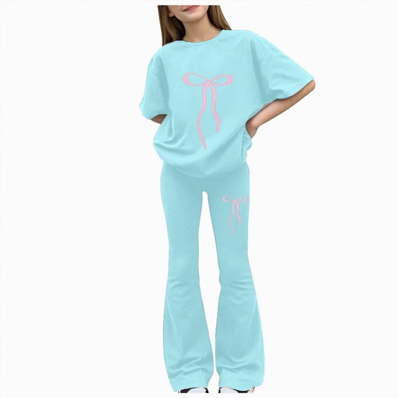 Caqnni 7-8 Years Teen Girls Tracksuit Short Sleeve Tops T Shirt And Flared Trousers Teenager 2 Piece Outfits Kids Sets For Teen Girls Running Tracksuit A30-Mint Green