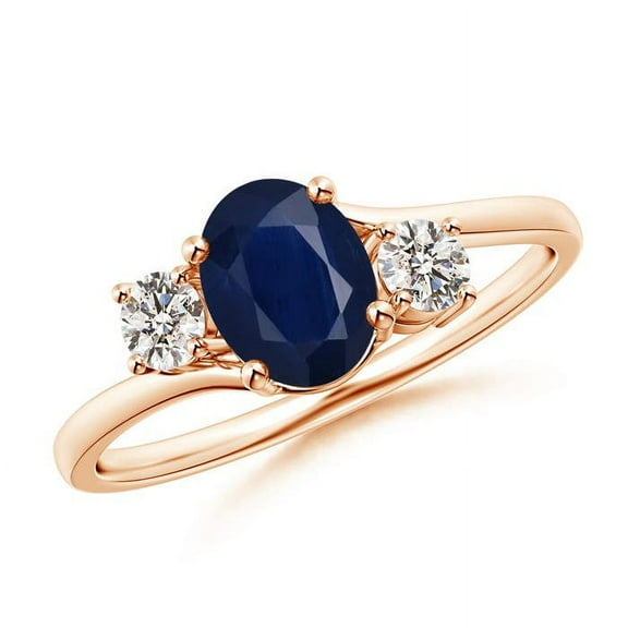 ANGARA Natural Bypass Blue Sapphire and Diamond Three Stone Ring in 14K Rose Gold for Women (Size-7x5mm) | September Birthstone, Anniversary, Jewelry Gift for Women | Natural Blue Sapphire Ring