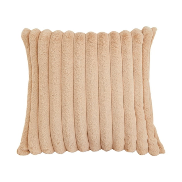 暖驼色 Warm Camel Faux Rabbit Fur Pillow Cover Striped Design 17.8X17.8 Inches Decorative Sofa Pillowcase For Home Decor