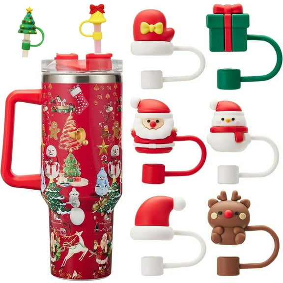 Christmas Halloween Straw Covers Cap Compatible with Stanley Cup 30 40 oz, Silicone Reusable Drinking Straw Topper, Funny Tumbler Accessories 2025 Halloween Christmas Gifts (Christmas-8pcs)