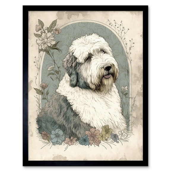 English Sheepdog with Flower Blooms Boho Portrait Watercolour Illustration Art Print Framed Poster Wall Decor 12x16 inch