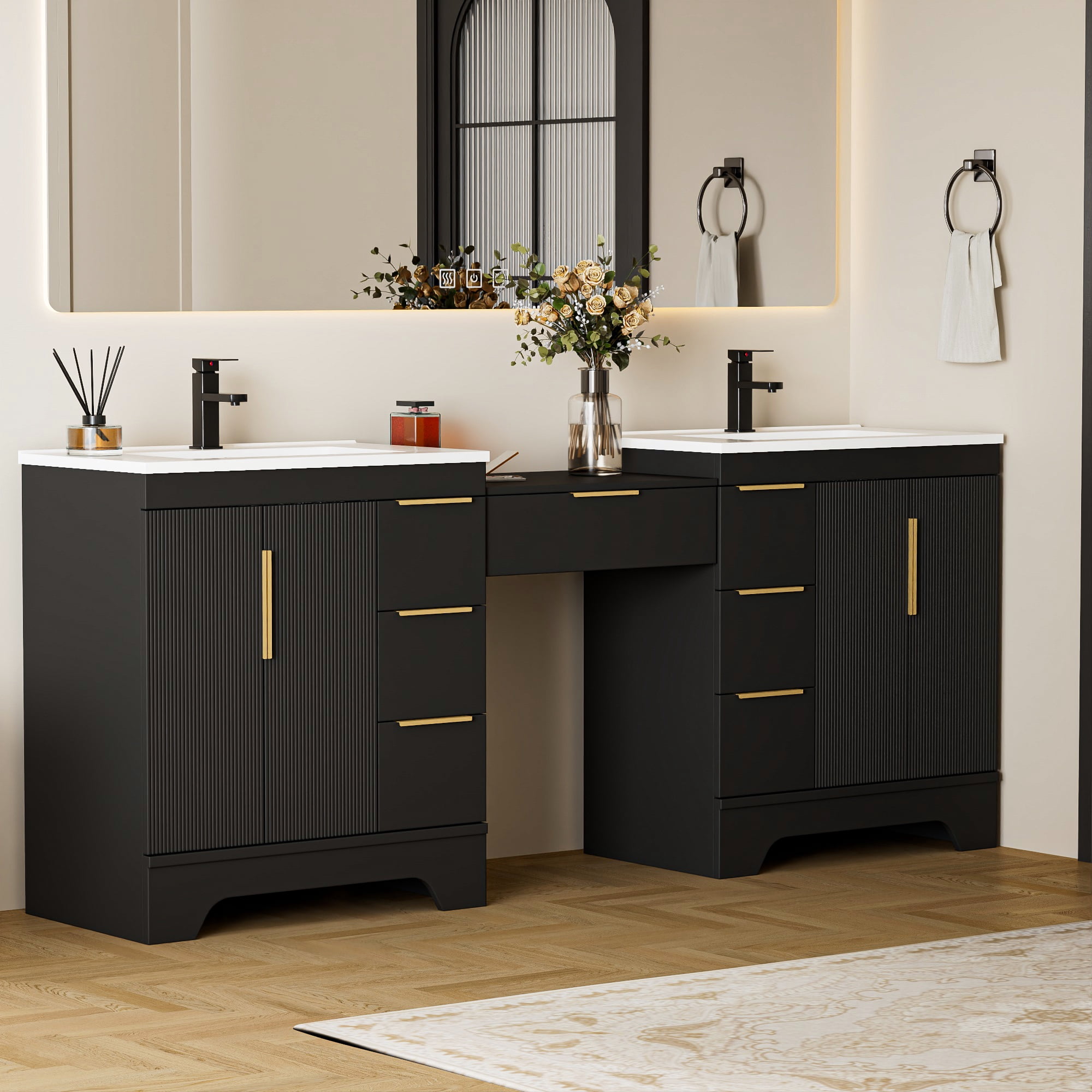 Eclife 84'' Bathroom Vanity with Double Integrated Sink, Wall-Mounted Makeup Table, Soft-Close Doors