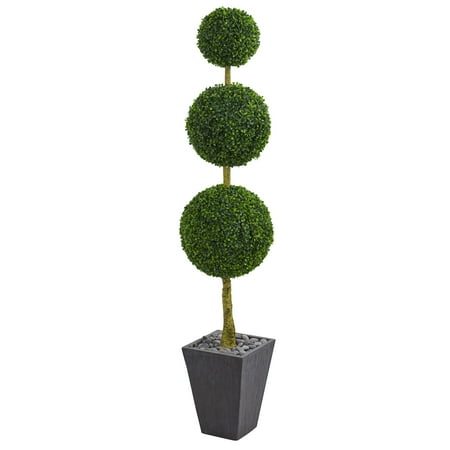 Dyna Triple Trees - Nearly Natural 6 ft. Boxwood Triple Ball Topiary Artificial Tree in Slate Planter UV Resistant (Indoor/Outdoor)