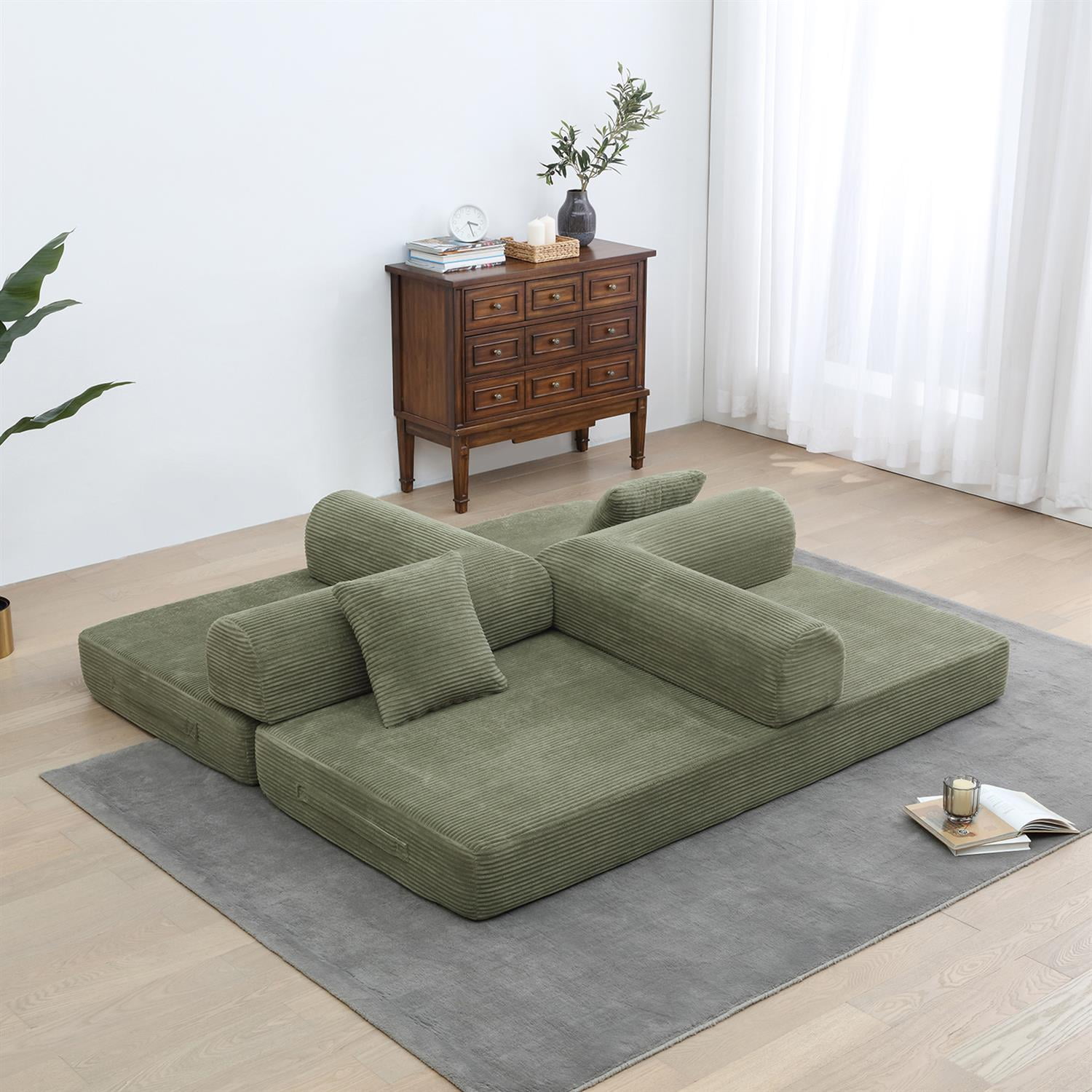 Demi Bonn 77" Convertible Sleeper Sofa Bed, Corduroy Foldable Mattress Couch with Cylindrical Pillow & Fixed Frame for Living Room, Bedroom, Light Green