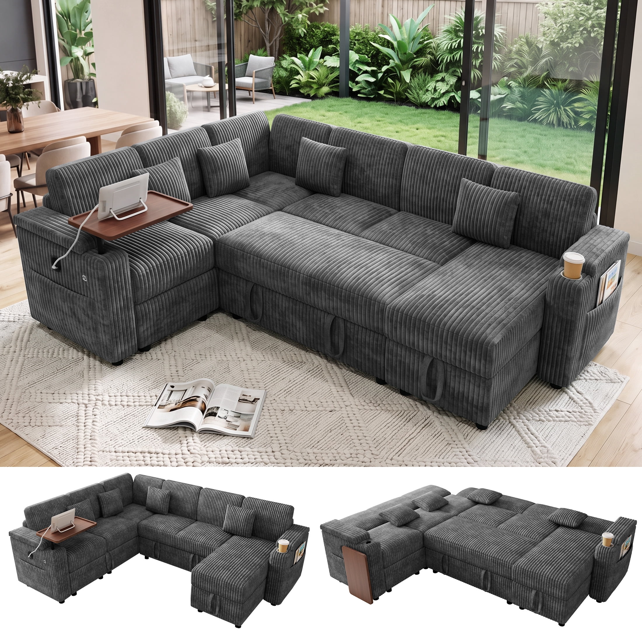 Aenkyo 7-Seat Corduroy U-Shaped Sectional Sleeper Sofa Bed with Storage Chaise and USB Charging, Gray