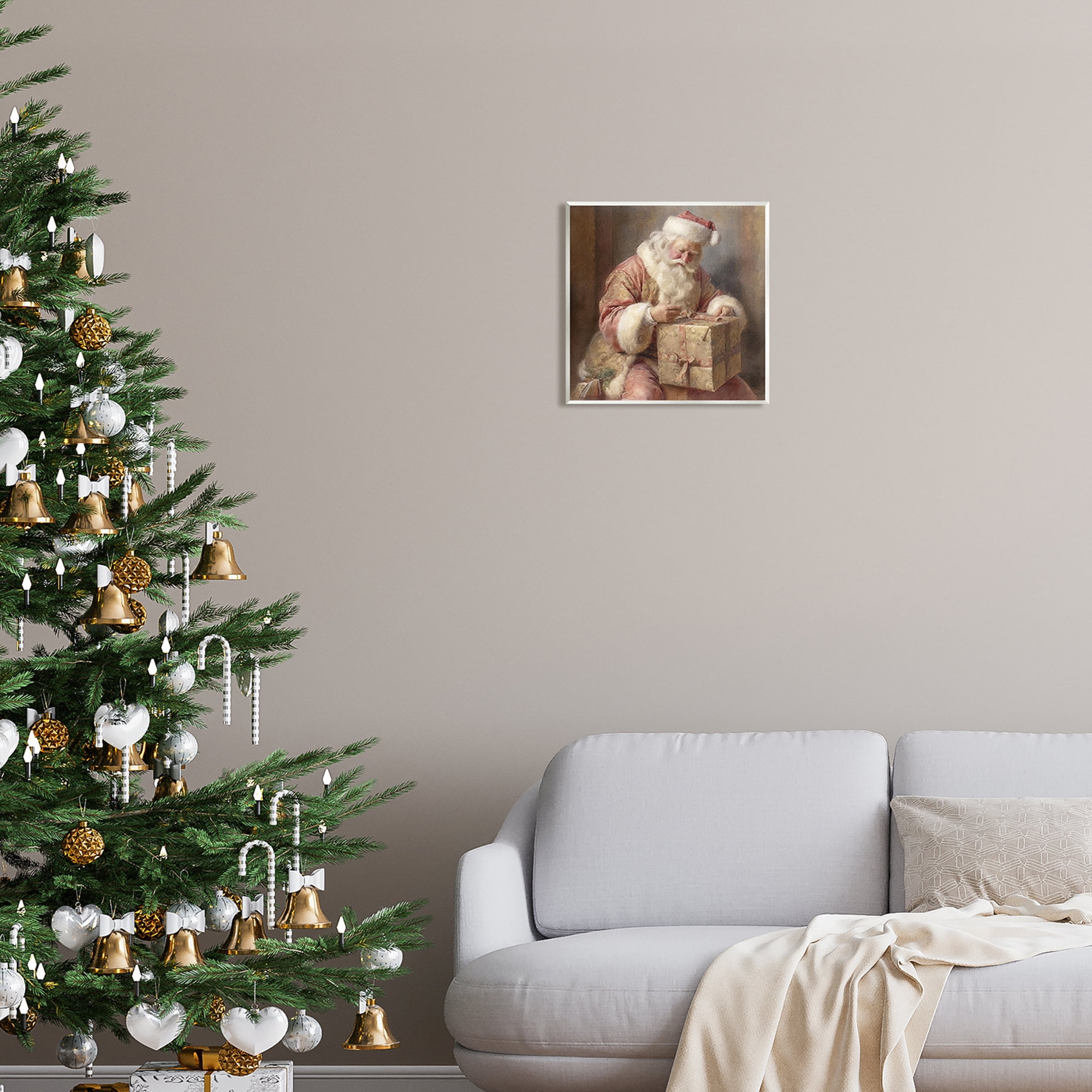 Stupell Industries Vintage Santa Wrapping Gift Holiday Painting Unframed Art Print Wall Art, 12 x 12