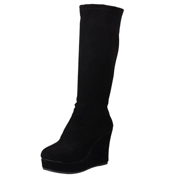VELXRUN Women's Knee High Boots Stretch Suede Thigh High Boots High Platform Wedge Heel Long Boots Sexy Dressy Boots for Party Night Out Black