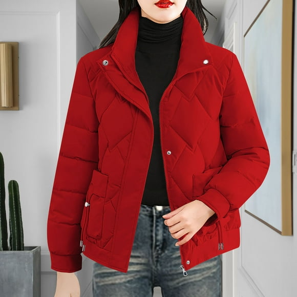 UPPADA Puffer Jacket Women Cropped Puffer Coat with Hood Waterproof Warm Quilt Jacket Warm Thicken Parka with Removable Fur Hood Puffy Coat Red,M