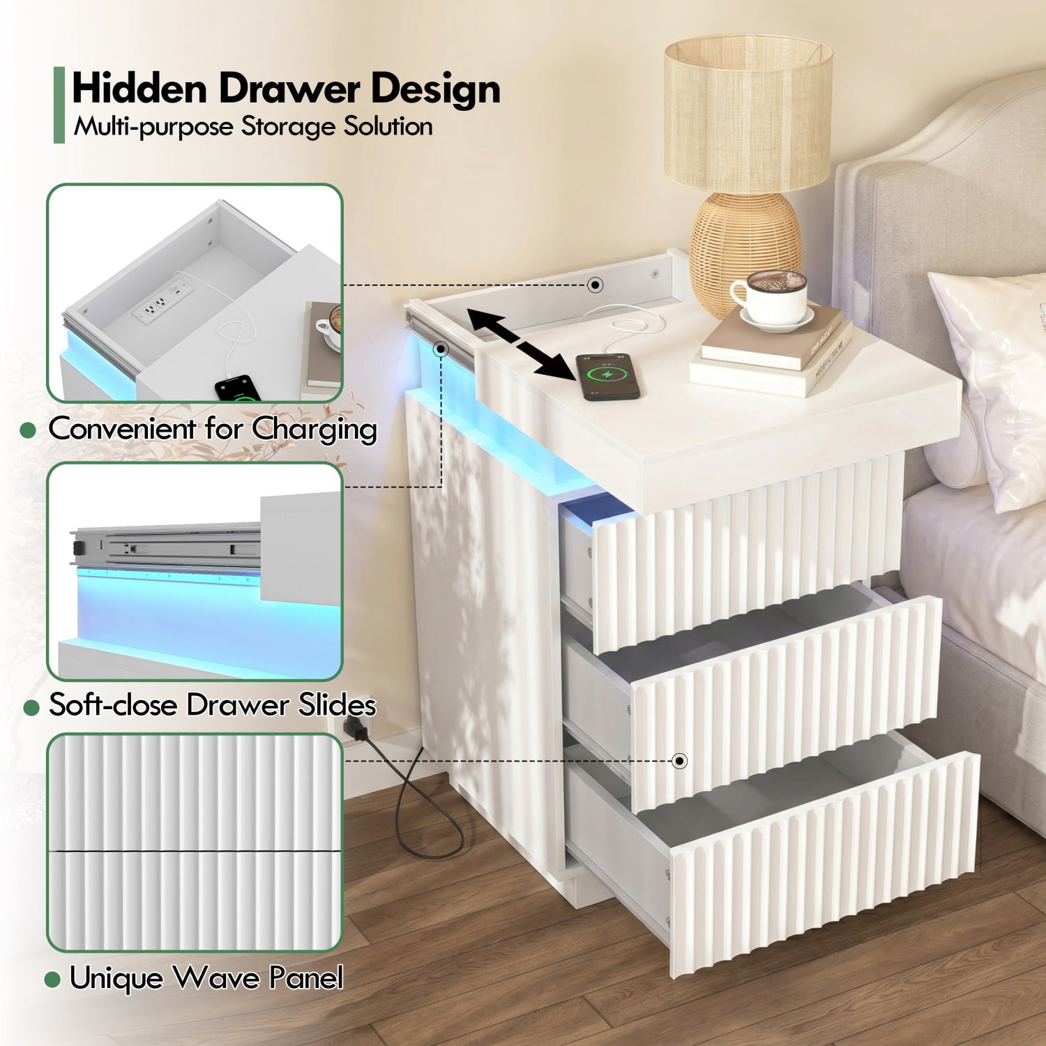 Hommoo Nightstand End Table Set of 2 with Fast USB Charging Station, Modern Wood Storage Sofa Side Table with 2 Drawers and LED lights, for Living Room,Bedroom,Office, White